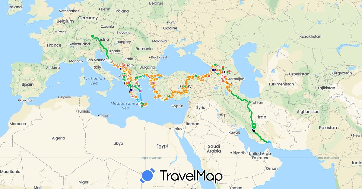 TravelMap itinerary: driving, bus, train, hiking, boat, hitchhiking, motorbike, taxi in Albania, Armenia, Germany, Georgia, Greece, Croatia, Montenegro, Macedonia, Turkey (Asia, Europe)